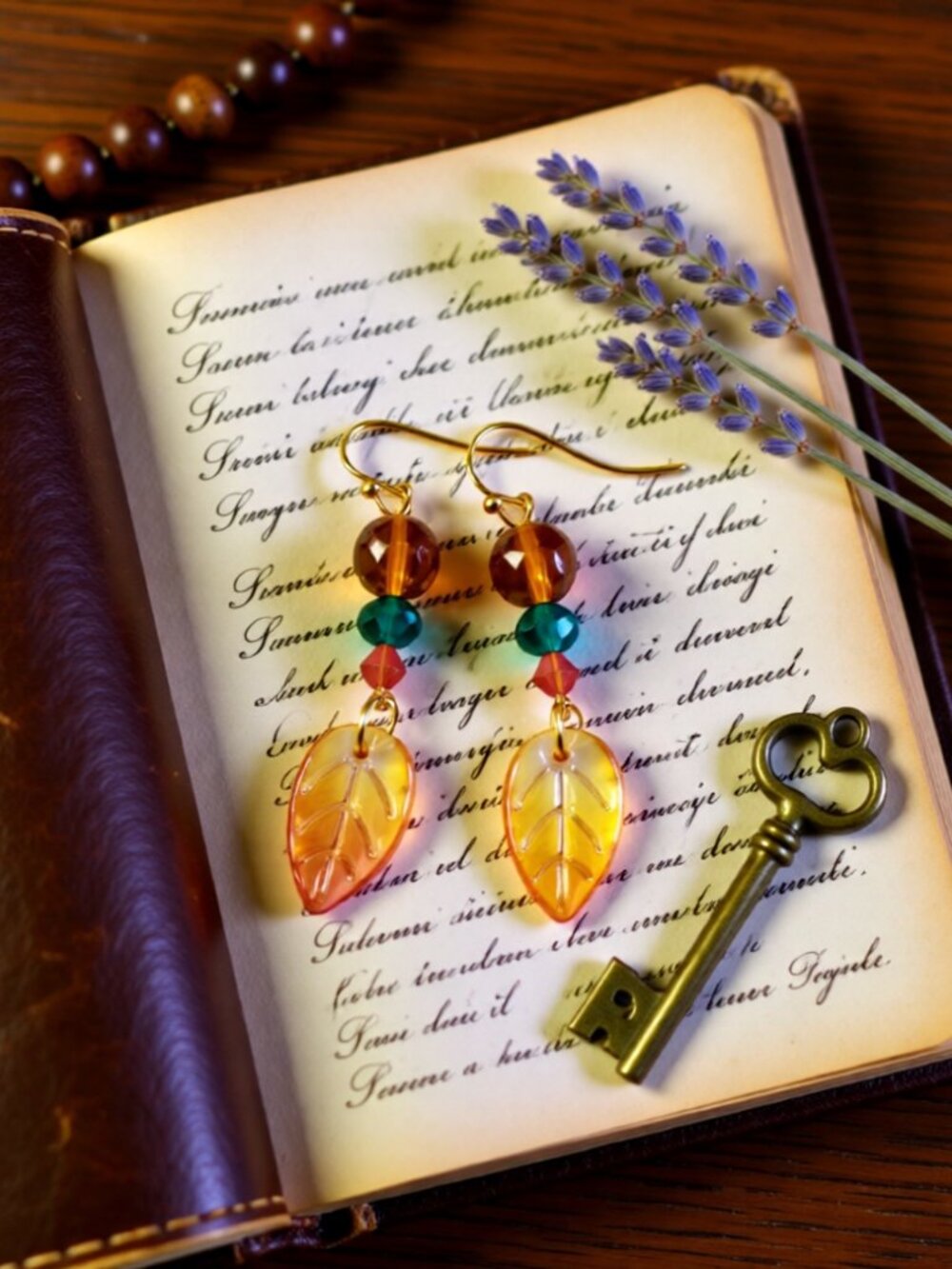 Handmade! Boho Gypsy Festival - Late Summer Colors! Beaded Leaf Dangle Earrings